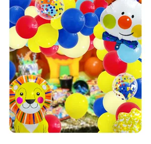Detail of circus theme party balloon set with lion and clown foil balloons for kids