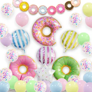 Donut theme birthday party decoration set with pastel balloons and foil donut balloons