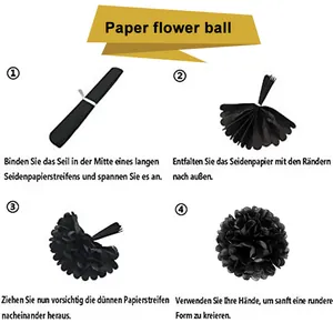DIY assembly guide for black paper flower balls showing four steps for party decorations