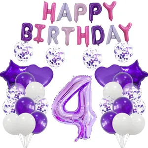 Ensemble détaillé de ballons d'anniversaire violets avec lettres et grand chiffre 4