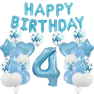 Blue 4th birthday party decoration set with number four balloon and heart stars