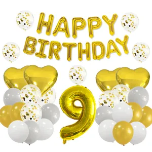 Detailed 9th birthday balloon set with golden number 9 and heart foil balloons