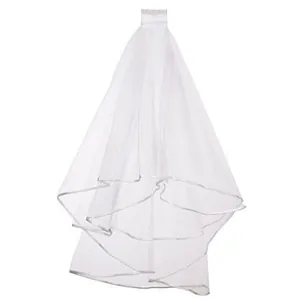 Double layered white bridal veil with hair comb and elegant ribbon edge detailing