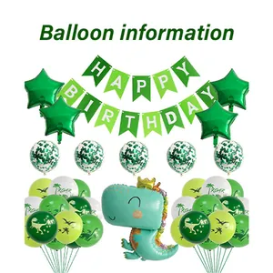 Green dinosaur foil balloon set with Happy Birthday banner and sequin latex balloons
