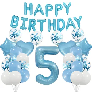 Blue 1st birthday balloon set with letters, number 5, stars, and blue sequins