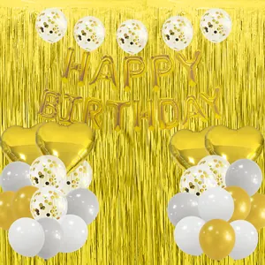 Gold birthday party decoration set with Happy Birthday foil balloons and latex balloons