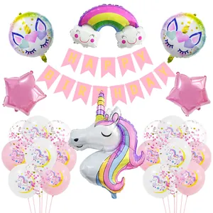 Unicorn birthday party balloons set with rainbow clouds and happy birthday banner