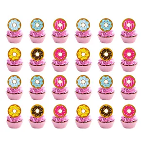 Set of 24 colorful donut cupcake toppers for birthday party decorations on white background
