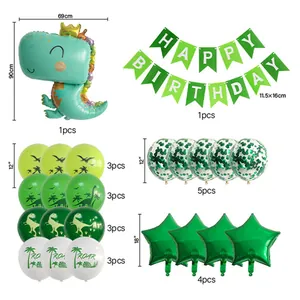 Dinosaur birthday set with balloons, banner and green star foil balloons details