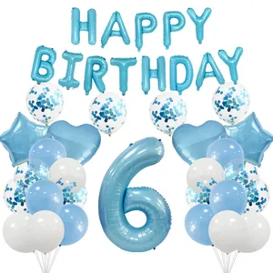 Blue and white 6th birthday party decoration set with foil balloons and latex confetti