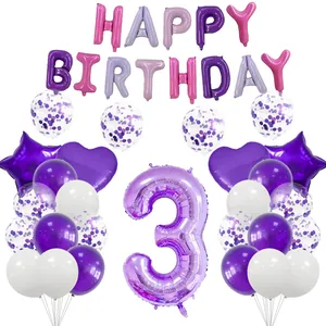 Détail du kit ballons 3ème anniversaire violet avec lettres alu et étoiles métal