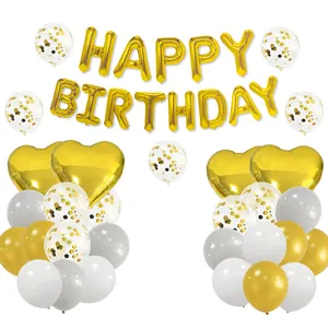 Gold Birthday Party Balloon Set Aluminum Foil Happy Birthday Letter Heart Number Latex Metallic Confetti Balloons Decoration