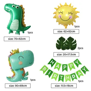 Décoration fête anniversaire dinosaure avec ballons en aluminium et bannière de feuilles