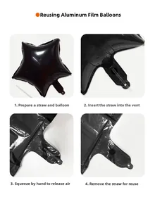 Step-by-step guide for deflating and reusing black star foil balloons with straw