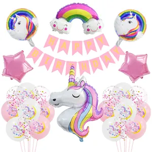 Unicorn birthday party decoration set with rainbow balloons and Happy Birthday banner
