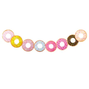 Colorful donut party banner with eight cartoon dessert designs for birthday decorations