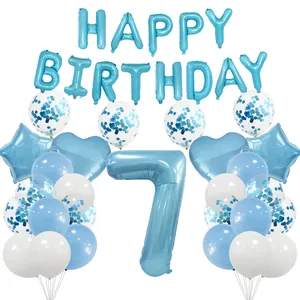 Blue 7th birthday party kit with number 7 balloon and blue latex confetti sets