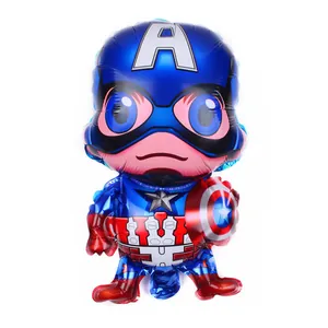 Detailed view of Captain America foil balloon with iconic shield for birthday decor