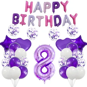 Kit de ballons d'anniversaire violets avec chiffre 8, étoiles, cœurs et confettis