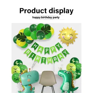 Kit déco anniversaire dinosaure avec ballons en aluminium verts et bannière joyeux anniversaire