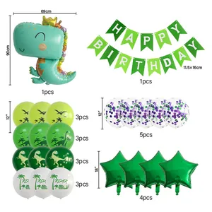 Detailed view of dinosaur birthday party set with size specs for balloons and banner