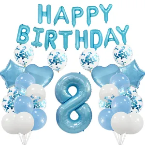 Close-up of 8th birthday blue balloon set with aluminum stars and latex confetti balloons