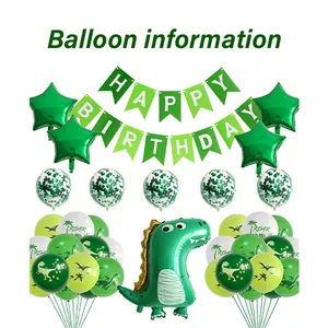 Detail view of dinosaur party set with green foil balloons, banner and latex balloons