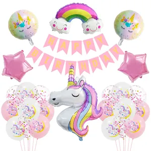 Unicorn Birthday Party Decoration Balloon Set Rainbow Cloud Foil Balloons Happy Birthday Banner Kids Birthday Party Supplies