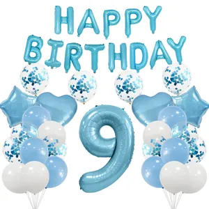Blue 9th birthday balloon kit with Happy Birthday letters, stars and confetti latex balloons