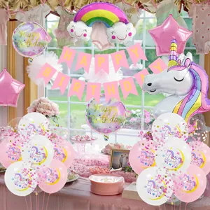 Unicorn theme birthday party kit featuring rainbow foil balloons and a festive banner