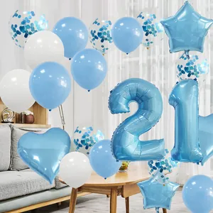 Detailed blue party balloon set with 21 numeric foil, stars and sequin latex decorations