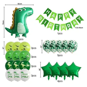 Dinosaur birthday decoration set with foil balloons, latex balloons, and banners