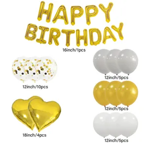 Gold Happy Birthday balloon set with aluminum foil letters and confetti latex balloons