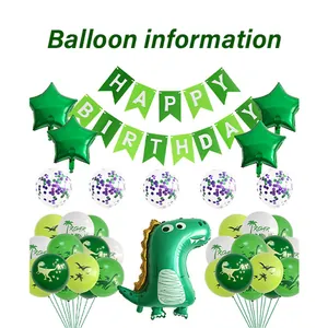 Dinosaur birthday set with Happy Birthday banner, green foil stars and printed balloons