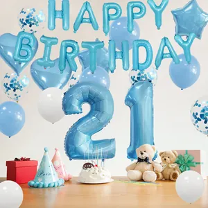 Detailed 21st birthday party set with blue foil balloons, latex balloons and party hats