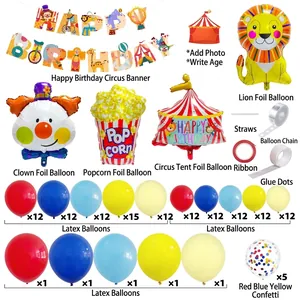Circus theme birthday party decoration set with balloon garland kit and foil animal balloons