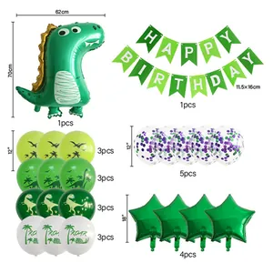 Detailed dinosaur party set with large foil dinosaur, latex balloons and birthday banner
