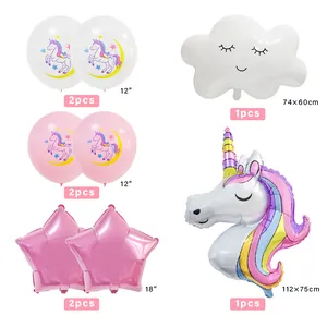 Detailed overview of unicorn party balloon set with foil stars and large cloud balloons