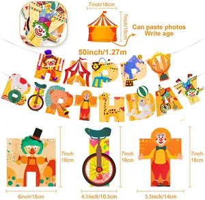 Circus themed birthday banner set with Happy Birthday letters and cartoon animal cards