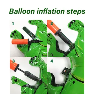 Visual guide for inflating the green dinosaur foil balloon using a hand pump