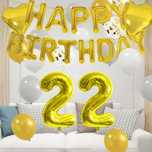 Golden 22nd birthday balloon set with champagne heart foils and confetti latex decor