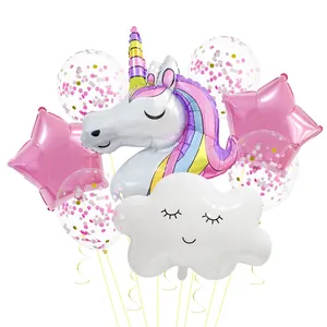 Unicorn and cloud balloon set with rainbow unicorn, star foils, and sequin latex balloons