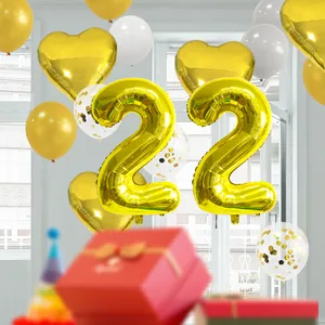 Golden number 22 foil balloon set with heart and confetti balloons for birthday decor