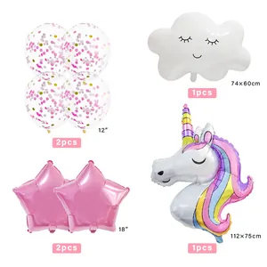 Detailed components of unicorn party set with cloud and star foil balloons