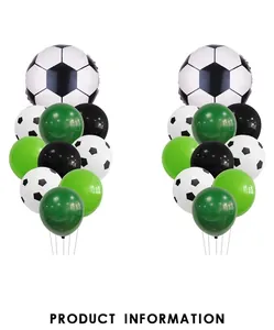 Soccer theme balloon set including green latex balloons and round football foil balloons