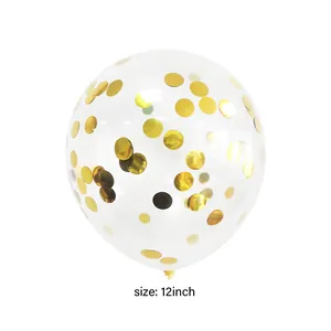 Detailed view of a 12-inch clear latex balloon filled with shiny golden round confetti