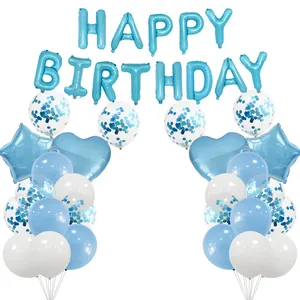 Blue White Birthday Party Decoration Set Aluminum Foil Happy Birthday Letter Balloon Heart Star Latex Confetti Balloons
