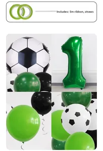 Detail view of soccer balloons kit including foil number one and latex football patterns