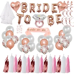 Rose Gold Bride To Be Balloon Decoration Diamond Ring Heart Foil Balloons Sash Veil Tassels Latex Confetti Balloons Wedding