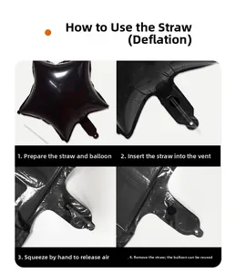 Guide for deflating reusable black star foil balloons using a plastic straw for parties